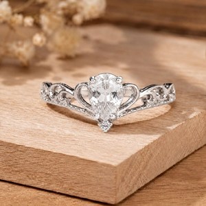 Vintage Filigree Pear Cut Lab Grown Solitaire Engagement <b>Ring</b> 10k 14k 18k Solid Gold IGI Certified Luxury <b>Crown</b> Setting - Product Image 3