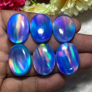 Ópalo Sintético Creado en Laboratorio, Doble Cabujón Ovalado, Azul Nebulosa con Fuego Arcoíris, Gema Suelta, Tamaños Personalizados para Joyería - Product Image 1