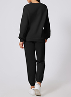 Ensemble de survêtement tricoté noir pour femme, col rond, manches longues, coupe ample, tenue décontractée, deux pièces, couleur unie
