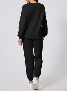 Ensemble de survêtement tricoté noir pour femme, col rond, manches longues, coupe ample, tenue décontractée, deux pièces, couleur unie - Product Image 5
