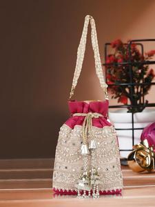 Beautiful Ethnic Embroidery Drawstring Coin Purse <b>Mustard</b> Fabric Clutch Potli Bags <b>Handbag</b> for Wedding & Party Gifts Bulk Order - Product Image 1