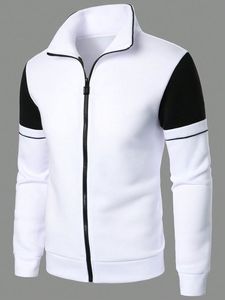 Sweat-shirt à capuche zippé pour homme, couleur contrastée, en polaire, col montant, veste de survêtement décontractée, streetwear d'hiver - Product Image 2