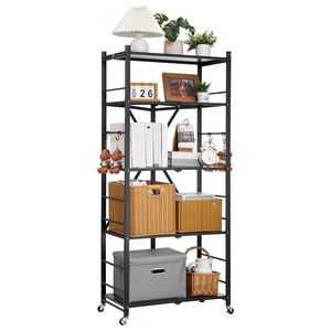 Scaffale Pieghevole a 5 Ripiani 28L X 15P X 64H Pollici, Unità di Stoccaggio in Metallo con 5 Ruote, Organizzatore Senza Montaggio per Alimenti - Product Image 2
