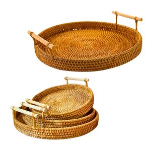 Handwoven RATTAN <b>TRAY</b> FRUIT STORAGE BASKET with Handles Gift, Natural Rattan Organizer - Product Image 1