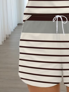 Women Striped Sleeveless Top Shorts Set O-Neck Halter Knitted Regular Fit Casual Spring Summer Wear Knee Breathable 2 Piece - Product Image 6