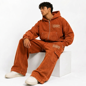 Ensemble de survêtement Vocksin Vintage pour homme, sweat à capuche zippé orange et pantalon cargo à jambe large, en molleton de coton premium, idéal pour l'hiver - Product Image 2