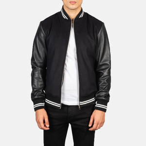 Chaqueta Bomber Casual Ecológica Negra para Hombre, Transpirable, Estilo Urbano, Mangas de Poliéster/Nailon, Cuello Alto de Tela de Lana - Product Image 4