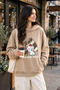 <b>Women's</b> Oversized <b>Beige</b> <b>Hoodie</b> Cartoon Cat Coffee Print Sweatshirt Casual Fleece Pullover - Product Image 5