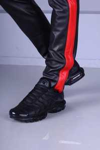 Men's Black <b>Leather</b> Look Moto <b>Pants</b> High Waist Side Red Stripe Zipper Fly Biker Style Autumn Wear - Product Image 2
