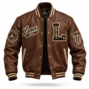 Custom Brown Varsity Letterman <b>Jacket</b> <b>Men</b> PU <b>Leather</b> Baseball College Front Embroidered Chenille Patch Bomber <b>Jacket</b> OEM Bulk - Product Image 2