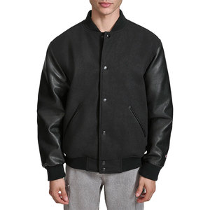Chaqueta Letterman Negra de Estilo Fresco con Acabado Liso y Cuello Acanalado, Atuendo Moderno Casual de Streetwear - Product Image 1