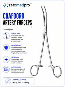 Pinzas Arteriales CRAFOORD con Mordazas Curvas, Longitud Total 9-1/2 pulgadas (24.1 cm), Instrumento Quirúrgico para Cirugía Vascular ZETOMEDPRO - Product Image 2