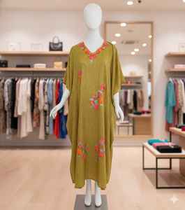 Elegant Olive Green Floral Embroidered Neck Floor Length <b>Long</b> Sleeve <b>Kaftan</b> <b>Dress</b> Fusion Traditional Craftsmanship Contemporary - Product Image 1