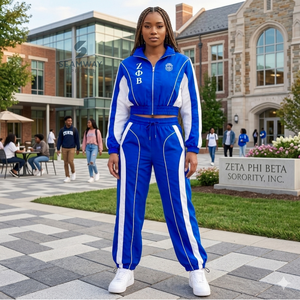 ชุดวินด์เบรกเกอร์ไนลอนสีน้ำเงินและสีขาว Zeta Phi Beta สำหรับผู้หญิง ชุดแจ็คเก็ตปักลายสีตัดต่อ กางเกงจ็อกเกอร์ขายาวทรงกว้าง ชุดกีฬา - Product Image 5