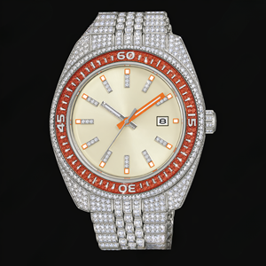 Montre de mode à cadran rond en cristal avec lunette orange argentée, affichage de la date, style luxueux et étincelant - Product Image 1