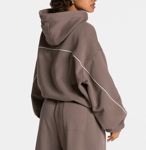 Custom <b>Embroidery</b> Logo Women's Oversized Mocha Hoodie & Piping Two Piece Tracksuit Breathable Gym Training Women's Sweatsuit <b>Set</b> - Product Image 3