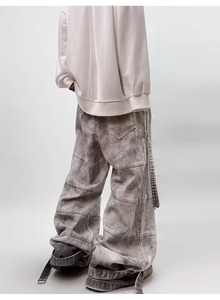 Pantalones Anchos de Mezclilla Sintética con Efecto Desgastado Vintage - Pantalones de Trabajo Oversize con Cierre de Presilla y Lavado Teñido con Efecto Barro - Product Image 4