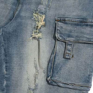 Pantalones Cortos de Mezclilla Cargo para Hombre, Desgastados, Azules, con Múltiples Bolsillos, Estilo Urbano, Hip Hop, con Dobladillo sin Rematar, Logotipo Personalizado, OEM, ODM - Product Image 4