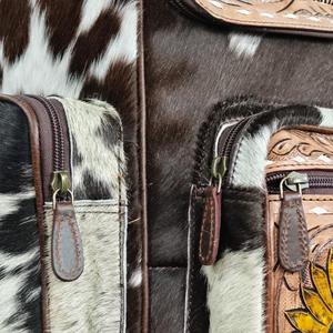 Genuine Leather Backpack Square Shape Zipper Closure Sunflower Pattern Bohemian Style Water Resistant Daily Use - Product Image 6