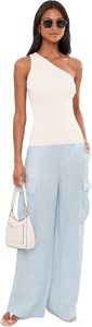 <b>Light</b> Blue Striped High Waist Cargo Pants Linen Cotton Wide Leg Loose Fit Full Length Summer Casual Women's <b>Trousers</b> - Product Image 2