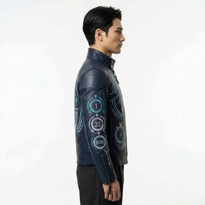 Chaqueta de Cuero Genuino Bordada Estilo Motero con Cierre de Cremallera, Cuello Alto, Estilo Urbano, Corte Regular, Estilo Boxeo - Product Image 3
