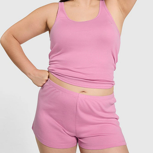Ensemble Sportif Rose 2 Pièces pour Femme – Short et Débardeur en Coton Tricoté Spandex Couleur Unie Respirant – Collection Printemps-Été 2026 Tendance - Product Image 1
