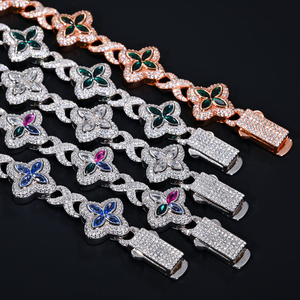 Collier à maillons en forme de fleur de trèfle en moissanite, chaîne de bijoux hip-hop glacée, collier statement style pierres précieuses colorées pour hommes et femmes - Product Image 5