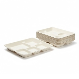 Assiette en Fibre de Canne à Sucre Premium pour Emballage Alimentaire Durable, Assiette à 5 Compartiments pour Servir et Livrer Plusieurs Portions de Nourriture - Product Image 1
