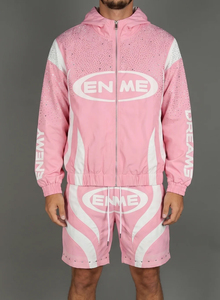 Men's Pink Hooded Leopard Pattern Front Tracksuit <b>Set</b> Sporty Breathable <b>Knitted</b> Polyester Shorts Jacket Spring Streetwear Style - Product Image 2