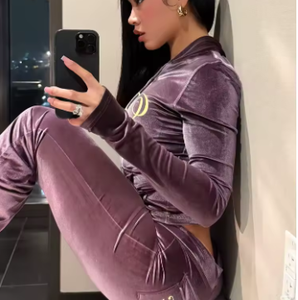 Ensemble de survêtement en velours pour femmes, couleur unie, manches longues, fermeture éclair, tenue de jogging décontractée avec poches latérales, vêtements d'automne - Product Image 3