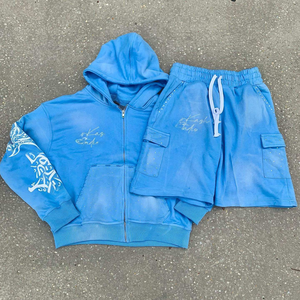 Ensemble de survêtement personnalisé épais avec impression sérigraphiée et strass, comprenant un sweat à capuche zippé et un short à cordon de serrage, ensemble deux pièces délavé à l'acide pour homme - Product Image 2