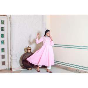 Conjunto de Kurta de Chifón de Algodón Rosa Francés para Mujer con Cuentas, Cuello en V, Manga Larga, Estilo Elegante, Largo hasta el Tobillo, para Primavera - Product Image 1