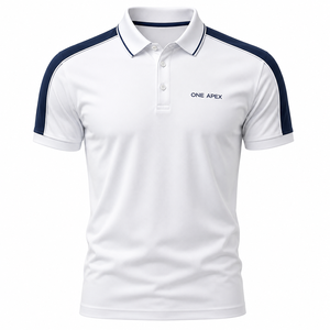 เสื้อโปโลสีขาวสำหรับผู้ชาย แต่งแถบสีกรมท่าที่ไหล่ พร้อมปักโลโก้ได้ตามต้องการ เหมาะสำหรับกีฬากอล์ฟ ชุดลำลอง ชุดทำงาน ชุดยูนิฟอร์ม - Product Image 6