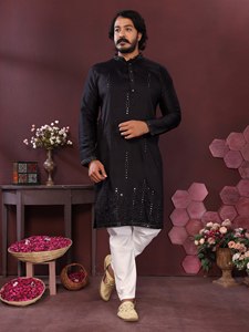 <b>Men's</b> White Cotton Kurta With Embroidery Traditional <b>Indian</b> Wedding Wear Ankle Length Regular Fit - Product Image 3