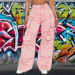 Jean cargo rose délavé à l'acide taille haute pour femme, coupe ample, jambe large, multi-poches, en denim de coton, style utilitaire - Product Image 1