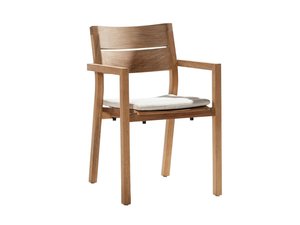 Chaise de salle à manger d'extérieur en teck avec accoudoirs inclinés, chaise longue à lattes pour patio et jardin - Product Image 1