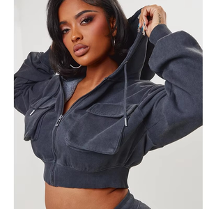 Haut court à capuche personnalisé pour femme en coton tricoté, séchage rapide, écologique, avec fermeture éclair et design cargo délavé à l'acide - Product Image 4