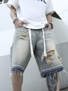 Casual Cotton Plus Size <b>Drawstring</b> Ripped Denim Shorts <b>Men</b> Custom logo Distressed Raw Hem Loose <b>Men</b> Jorts Washed <b>Jean</b> Shorts - Product Image 6