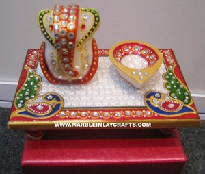 Pure Makrana White Marble Colorful Hand <b>Painted</b> Laxmi Mata Ji And Ganesh Ji Sitting Statue For Home Decoration And Worship - Product Image 6