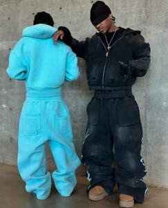 Conjunto de Sudadera con Capucha y Pantalones Deportivos Oversize de Estilo Urbano, Estampado Personalizado, Lavado Ácido, con Cierre de Cremallera, para Hombre - Product Image 1