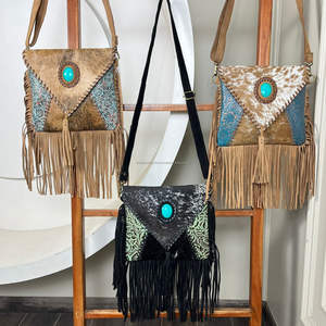 Hot Sale 2025 Real Hair on Leather Fringe <b>Handbag</b> New Western Stylish Turquoise Stone Cowhide Leather Crossbody Purse Sling Bag - Product Image 5