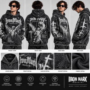 เสื้อฮู้ดดี้โอเวอร์ไซส์ IronMark Industry สำหรับผู้ชาย สไตล์สตรีทแวร์ ล้างสีแบบแอซิดวอช กันน้ำสำหรับฤดูหนาว ผ้าฟลีซ มีฮู้ด ดีไซน์กระเป๋าเสื้อ - Product Image 5