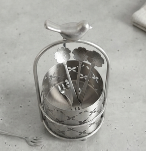 Porte-couverts créatif en métal en forme de cage à oiseaux avec figurine d'oiseau, support de rangement ajouré floral pour ustensiles de cuisine - Product Image 4