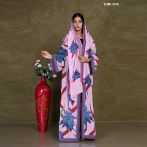 Abaya en mousseline imprimée florale à devant ouvert avec bordures décoratives, coupe longue et fluide, tenue modeste - Product Image 5