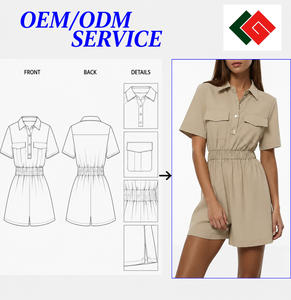 <b>Women's</b> Beige Oxford Shirt Collar <b>Utility</b> <b>Jumpsuit</b> Short Sleeve Solid Color Breathable Cotton Summer Wear Support Custom Design - Product Image 5