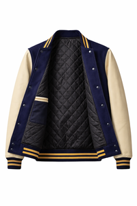 Men's Navy Beige 100% <b>Wool</b> Varsity Jacket Formal Style Turn-down Collar Button Front Regular Fit Winter Breathable Patchwork - Product Image 4