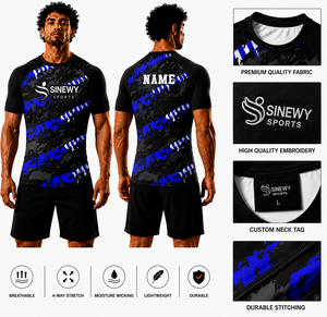เสื้อรัดกล้ามเนื้อผู้ชาย SINEWY SPORTS แบบพิมพ์ลายระเหิด แขนสั้น ระบายอากาศได้ดี ซับเหงื่อ ทนทาน สีน้ำเงินดำ ดีไซน์สวยงาม - Product Image 1