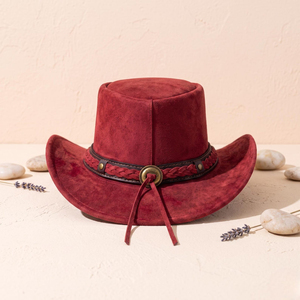 Chapeau de cowboy steampunk en daim rouge fait main de qualité supérieure, coiffe audacieuse et alternative, prix abordable, vente en gros - Product Image 4