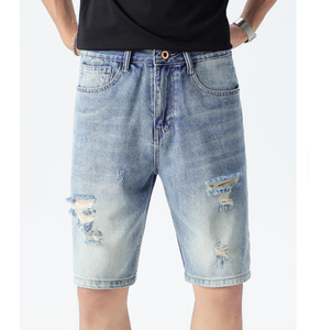 Shorts Bermuda en jean déchiré pour homme, taille mi-haute, fermeture boutonnée, style décontracté, bleu clair, tissu en coton tissé - Product Image 2