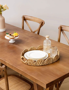 OEM ODM Scalloped Edge <b>Wicker</b> Serving Tray, Woven Rattan Table Trays with <b>Handle</b>, <b>Wicker</b> Tray, Water Hyacinth Tray for Ottoman - Product Image 4